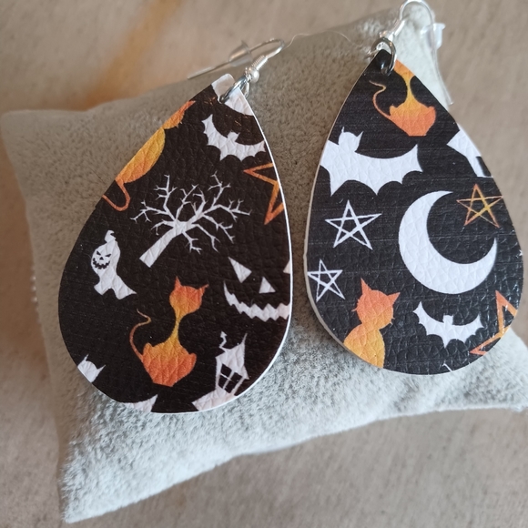 Black & Orange Ghost Cat Moon Leather Teardrop Dangle Drop Earrings - Picture 3 of 4